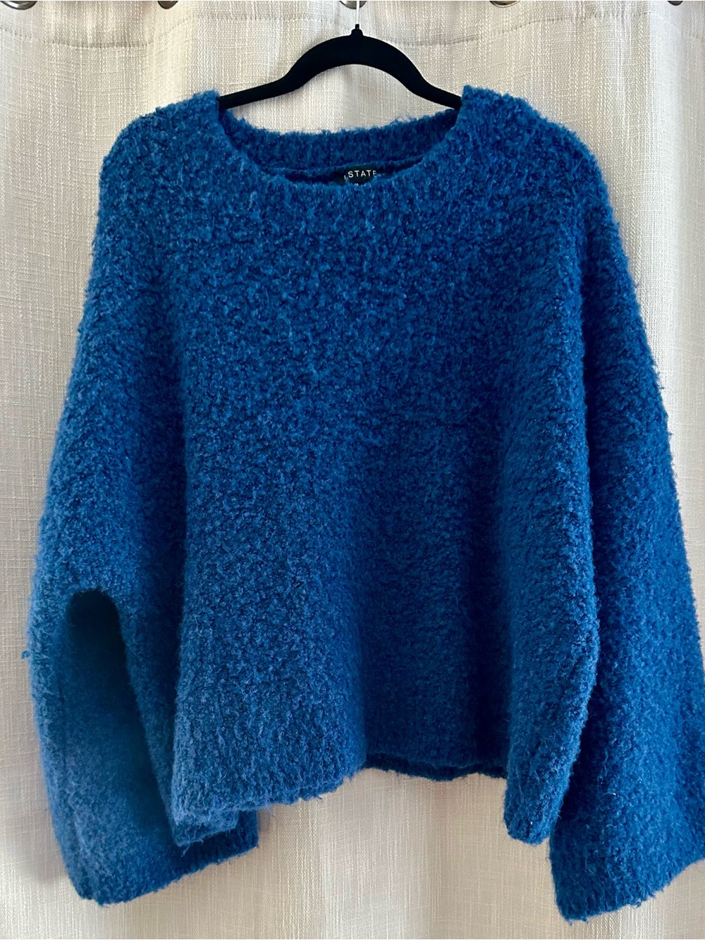 1.STATE Blue Bouclé Chunky Knit Crewneck Sweater, XL
